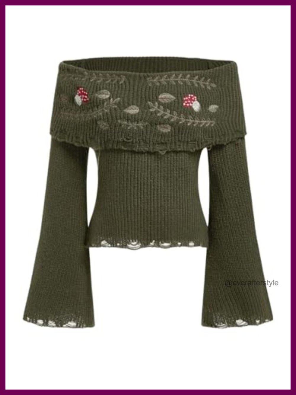 BEAUDRM Off Shoulder Embroidered Graphic Sweater Pullover